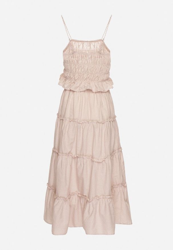 Born2be - Beżowo-Różowy Bawełniany Komplet w Kratkę Vichy Spódnica i Top Frolira. Kolor: beżowy. Materiał: bawełna. Wzór: kratka