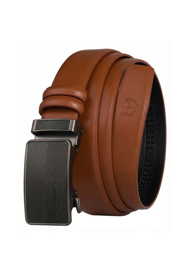 Skórzany pasek męski w jasnobrązowym kolorze z automatyczną, czarną klamrą Peterson PTN A011-AB TAN. Kolor: brązowy, wielokolorowy, czarny. Materiał: skóra. Styl: elegancki