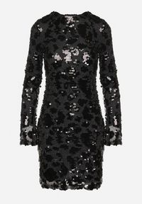 Born2be - Czarna Taliowana Sukienka z Cekinami i Metaliczną Nicią Ventheia. Okazja: na co dzień. Kolor: czarny. Wzór: aplikacja. Typ sukienki: dopasowane. Styl: klasyczny, casual #4