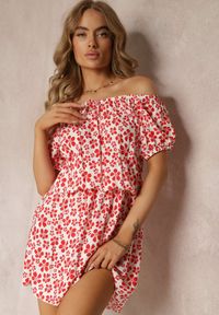 Renee - Czerwona Wiskozowa Sukienka Mini Hiszpanka z Gumką w Pasie Bradite. Okazja: na co dzień. Typ kołnierza: dekolt hiszpanka. Kolor: czerwony. Materiał: wiskoza. Typ sukienki: proste. Styl: casual. Długość: mini #4
