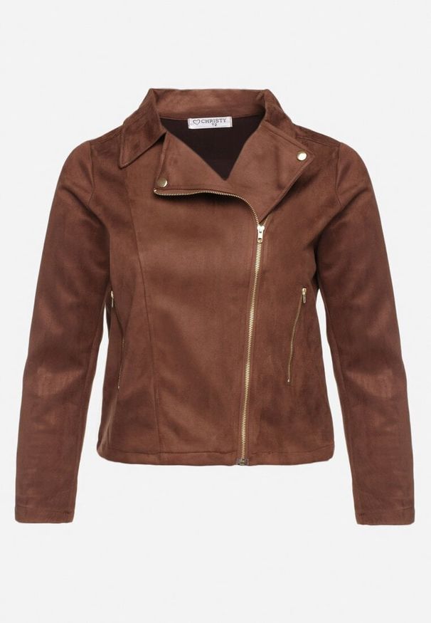 Born2be - Brązowa Kurtka Ramoneska z Imitacji Zamszu z Asymetrycznym Suwakiem Maisen. Kolekcja: plus size. Kolor: brązowy. Materiał: zamsz