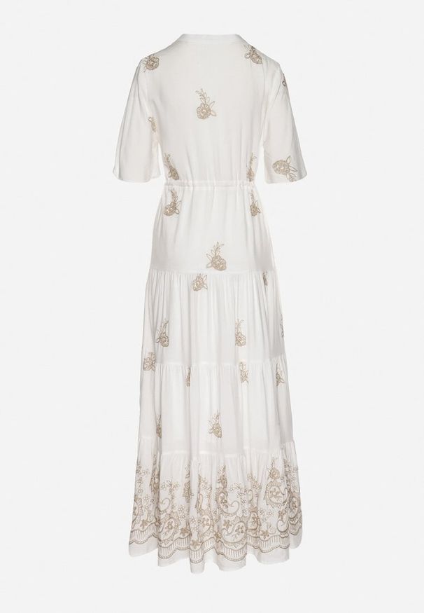 Born2be - Biała Wiskozowa Sukienka Boho o Rozkloszowanym Kroju z Haftem i Wiązaniem Lilvanis. Okazja: na co dzień. Typ kołnierza: dekolt w serek. Kolor: biały. Materiał: wiskoza. Długość rękawa: krótki rękaw. Wzór: haft. Styl: boho