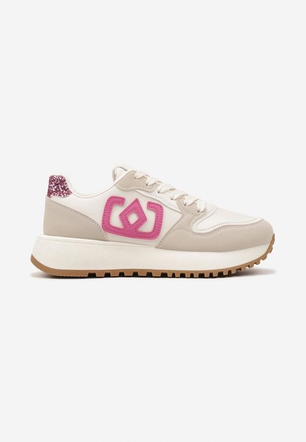 Born2be - Beżowo-Różowe Sneakersy na Grubej Podeszwie z Ozdobną Aplikacją Alivrella. Okazja: na co dzień. Nosek buta: okrągły. Kolor: beżowy. Materiał: jeans. Wzór: aplikacja