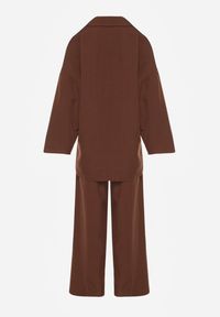 Renee - Brązowy Komplet Garniturowy Oversize Marynarka Dwurzędowa i Spodnie Wide Leg Tevilna. Kolor: brązowy. Wzór: aplikacja #8