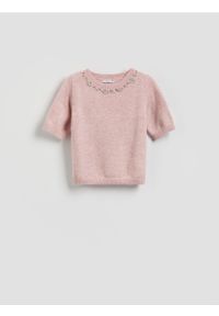 Reserved - Sweter z ozdobną aplikacją - pastelowy róż. Kolor: różowy. Materiał: wełna, dzianina. Wzór: aplikacja