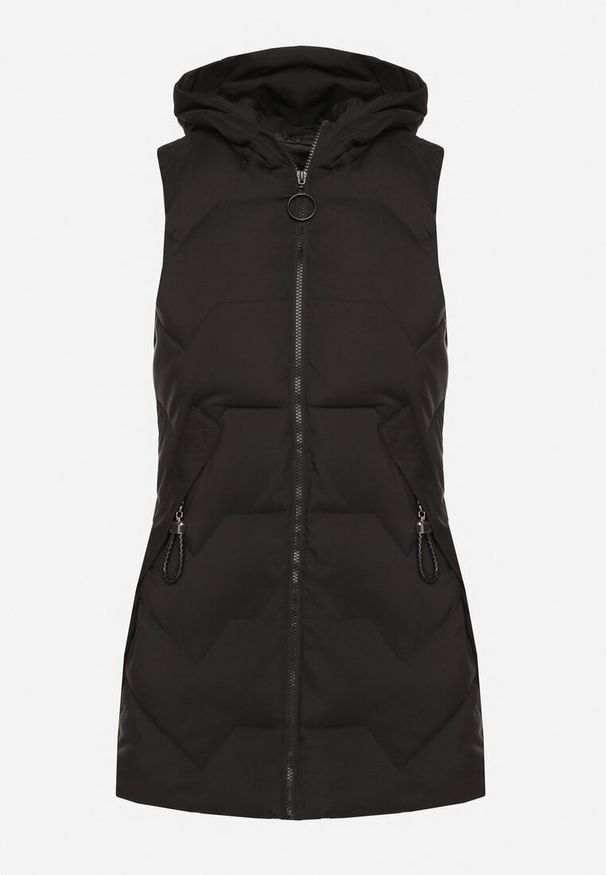 Born2be - Czarna Długa Pikowana Kamizelka na Suwak z Kapturem Teriviana. Okazja: na spacer, na co dzień. Typ kołnierza: kaptur. Kolor: czarny. Materiał: dzianina. Długość: długie. Styl: casual, klasyczny, sportowy, elegancki