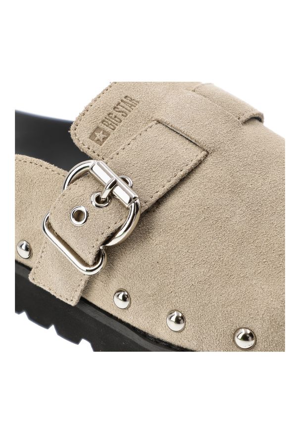 Big-Star - Klapki damskie Big Star, cholewka ze skóry naturalnej zamszowej z regulowanym paskiem i sprzączką, beżowe, RR274A376. Okazja: na co dzień, na spacer. Kolor: beżowy. Materiał: skóra, zamsz. Styl: casual, elegancki