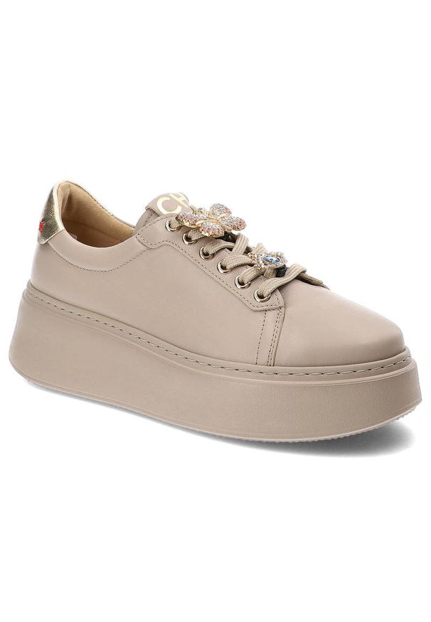 CheBello - Beżowe Sneakersy Chebello Damskie Stylowe Obuwie. Okazja: na co dzień. Kolor: beżowy. Materiał: skóra. Szerokość cholewki: normalna. Obcas: na platformie