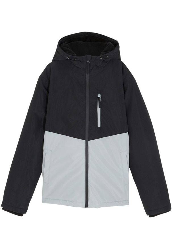 bonprix - Wodoodporna kurtka zimowa z kapturem i blokami kolorów. Typ kołnierza: kaptur. Kolor: czarny. Sezon: zima