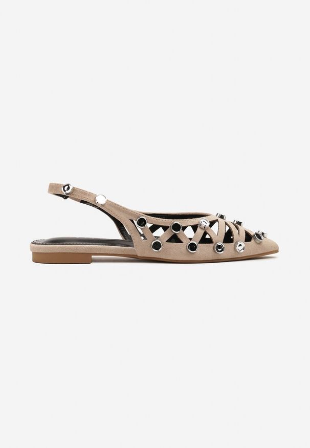 Renee - Ciemnobeżowe Sandały Ażurowe Typu Slingback Ozdobione Aplikacjami Lisanorea. Okazja: na spotkanie biznesowe. Kolor: beżowy. Wzór: aplikacja, ażurowy. Sezon: lato. Styl: biznesowy, elegancki