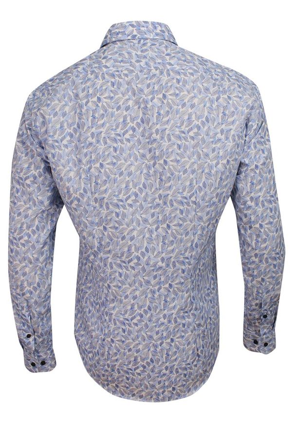 Bello - Koszula Wizytowa, Niebieska w Listki, z Długim Rękawem, Taliowana -BELLO- Elegancka, Męska. Okazja: na spotkanie biznesowe, do pracy. Kolor: niebieski. Materiał: poliester, tkanina, bawełna. Długość rękawa: długi rękaw. Długość: długie. Styl: elegancki, wizytowy