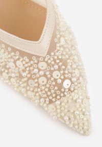 Renee - Beżowe Cekinowe Czółenka VICES Slingback na Szpilce z Noskiem w Szpic Ozdobione Perłami i Koralikami Kleomene. Kolor: beżowy. Materiał: jeans. Wzór: aplikacja. Obcas: na szpilce. Styl: elegancki #3