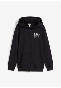bonprix - Bluza rozpinana z kapturem, z miękkiego materiału z bawełną. Typ kołnierza: kaptur. Kolor: czarny. Materiał: bawełna, materiał. Wzór: nadruk #1