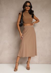 Renee - Brązowa Casualowa Rozkloszowana Spódnica Dorilena. Okazja: na co dzień. Kolor: brązowy. Materiał: tkanina. Styl: casual #3