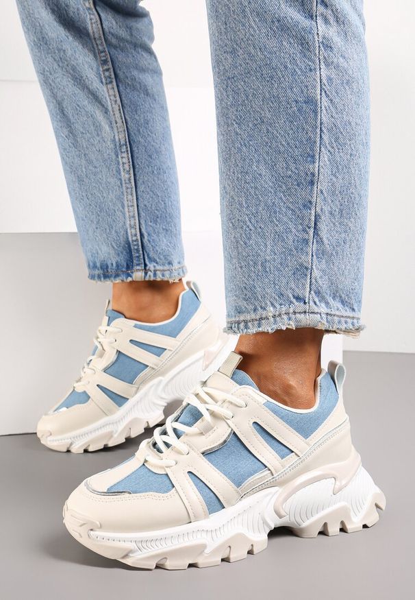 Renee - Beżowo-Niebieskie Sznurowane Sneakersy na Grubej Podeszwie ze Wstawkami i Brokatem Widgeta. Kolor: beżowy