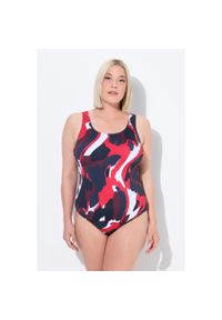 ULLA POPKEN - Damski Strój kąpielowy wzór w palmy bez miękkich miseczek okrągły dekolt. Kolekcja: plus size. Kolor: niebieski. Materiał: poliester, elastan, poliamid, materiał