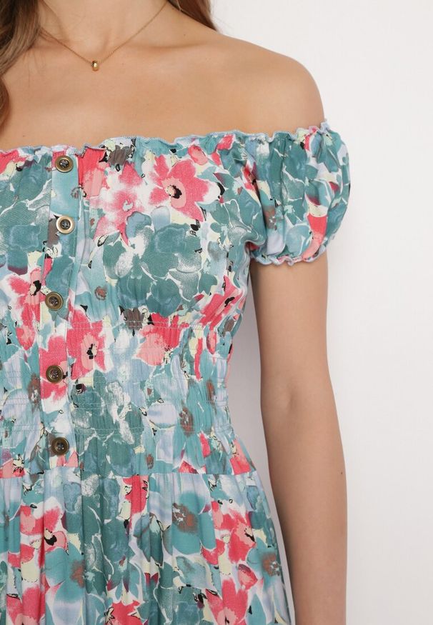 Born2be - Zielono-Niebieska Wiskozowa Sukienka Midi z Falbanką i Kwiatowym Wzorem Exordia. Kolor: zielony. Materiał: wiskoza. Wzór: kwiaty. Długość: midi