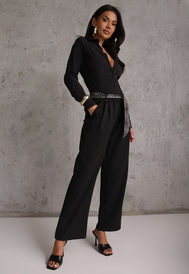 Renee - Czarne Bawełniano-Wiskozowe Spodnie Wide Leg z Paskiem Typu Apaszka Arlethia. Kolor: czarny. Materiał: wiskoza, bawełna. Styl: elegancki