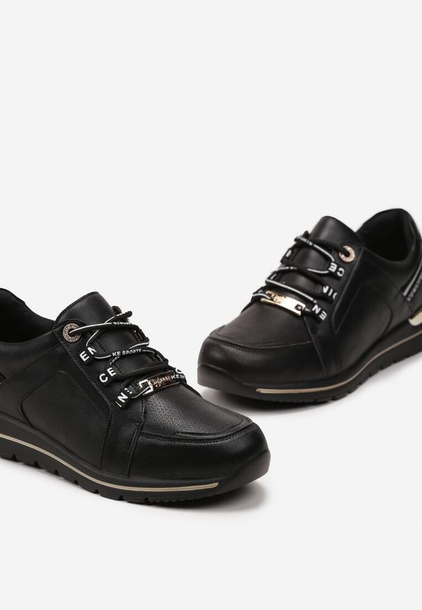 Born2be - Czarne Sneakersy Sznurowane z Metalową Wstawką i Perforacją ze Skórzaną Wkładką Pixia. Zapięcie: sznurówki. Kolor: czarny. Materiał: skóra