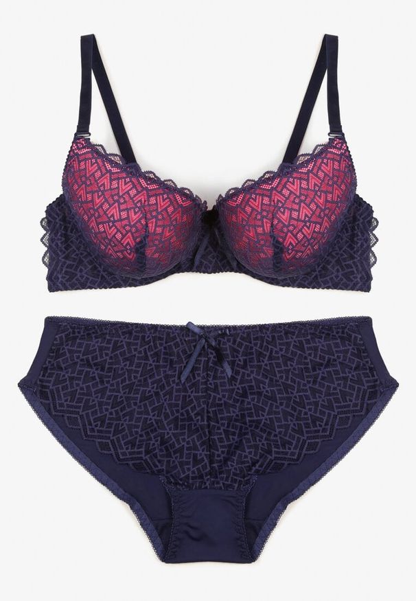 Born2be - Granatowo-Fuksjowy Koronkowy Komplet Usztywniany Biustonosz i Majtki Typu Figi Vimarellas. Kolor: niebieski. Materiał: koronka. Wzór: aplikacja