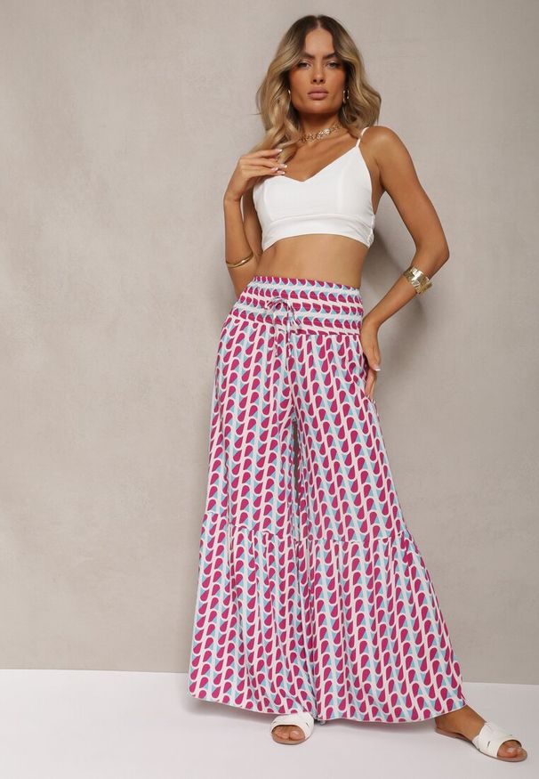 Renee - Fuksjowo-Białe Spodnie z Wiskozy High Waist Typu Palazzo z Gumką w Talii Tiimacella. Okazja: na co dzień, na randkę. Stan: podwyższony. Kolor: różowy. Materiał: wiskoza. Styl: casual, elegancki