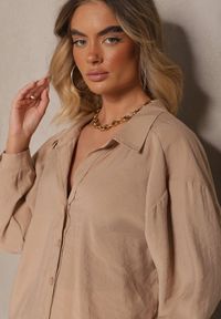 Renee - Beżowa Koszula z Modalem o Fasonie Oversize Adavelle. Okazja: na co dzień. Typ kołnierza: dekolt w serek, kołnierzyk klasyczny. Kolor: beżowy. Materiał: jeans, materiał. Długość rękawa: długi rękaw. Długość: długie. Styl: klasyczny, elegancki, casual #3