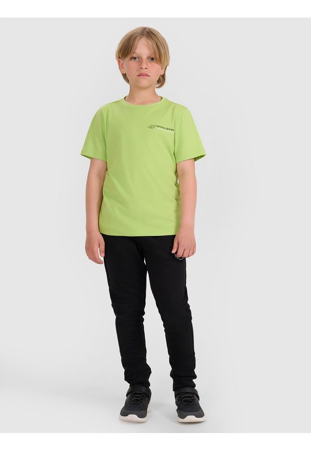 4f - 4F T-shirt regular z nadrukiem chłopięcy - zielony 140 (9-10 lat). Okazja: na co dzień. Kolor: zielony. Materiał: bawełna, jersey, dzianina. Długość rękawa: krótki rękaw. Długość: krótkie. Wzór: nadruk. Sezon: lato. Styl: klasyczny, sportowy, casual