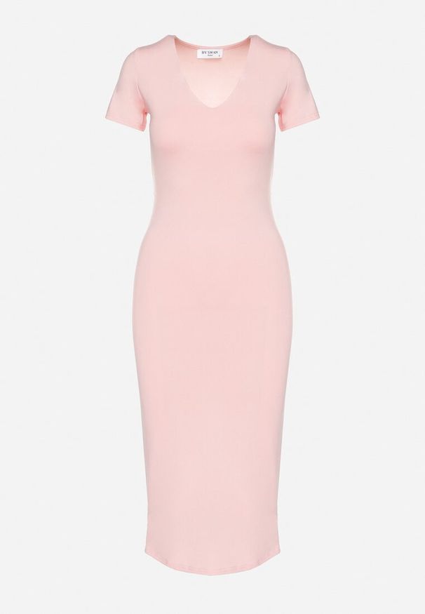 Born2be - Różowa Sukienka Dopasowana Bodycon z Dekoltem w Serek Efricene. Okazja: na co dzień. Typ kołnierza: dekolt w serek. Kolor: różowy. Materiał: jeans. Długość rękawa: krótki rękaw. Typ sukienki: bodycon. Styl: casual, klasyczny