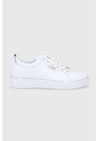 Guess Buty skórzane kolor biały na płaskiej podeszwie. Nosek buta: okrągły. Zapięcie: sznurówki. Kolor: biały. Materiał: skóra. Obcas: na płaskiej podeszwie #1