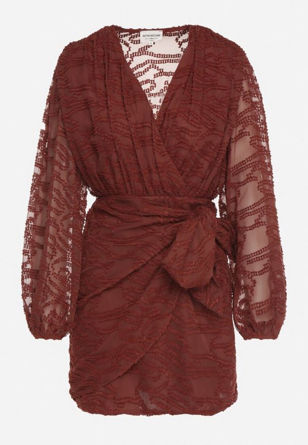 Born2be - Brązowa Kopertowa Sukienka z Tkaniny Plumeti Zenorava. Typ kołnierza: dekolt w kształcie V. Kolor: brązowy. Materiał: tkanina. Długość rękawa: długi rękaw. Wzór: aplikacja. Typ sukienki: kopertowe. Styl: klasyczny, elegancki