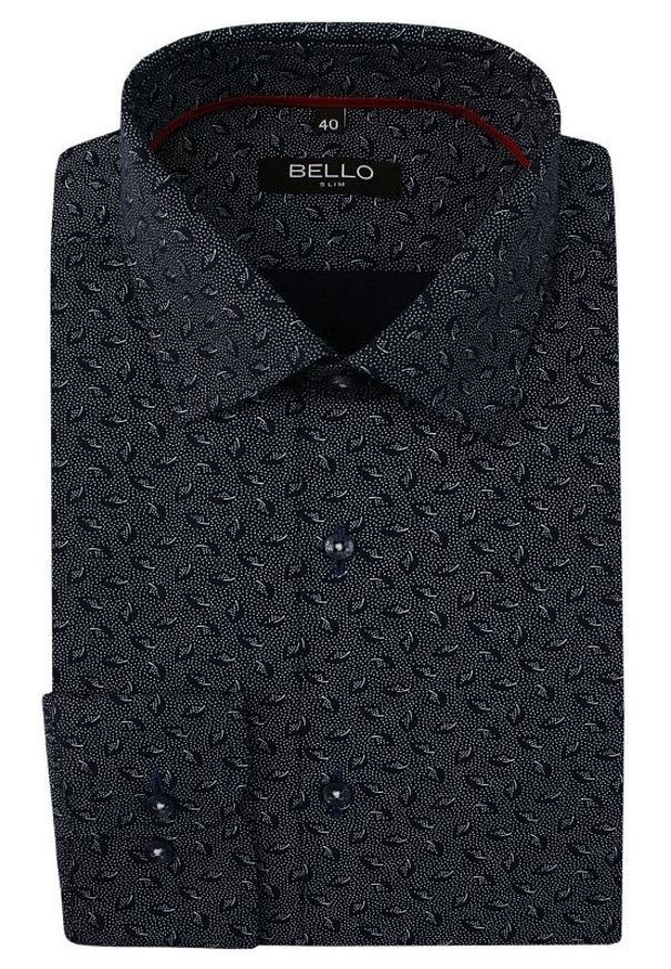 Bello - Ciemna Granatowa Koszula Wizytowa, Długi Rękaw -BELLO- Taliowana, Elegancka, Wzór Paisley. Okazja: na spotkanie biznesowe, do pracy. Kolor: niebieski. Materiał: bawełna. Długość rękawa: długi rękaw. Długość: długie. Wzór: paisley. Styl: wizytowy, elegancki