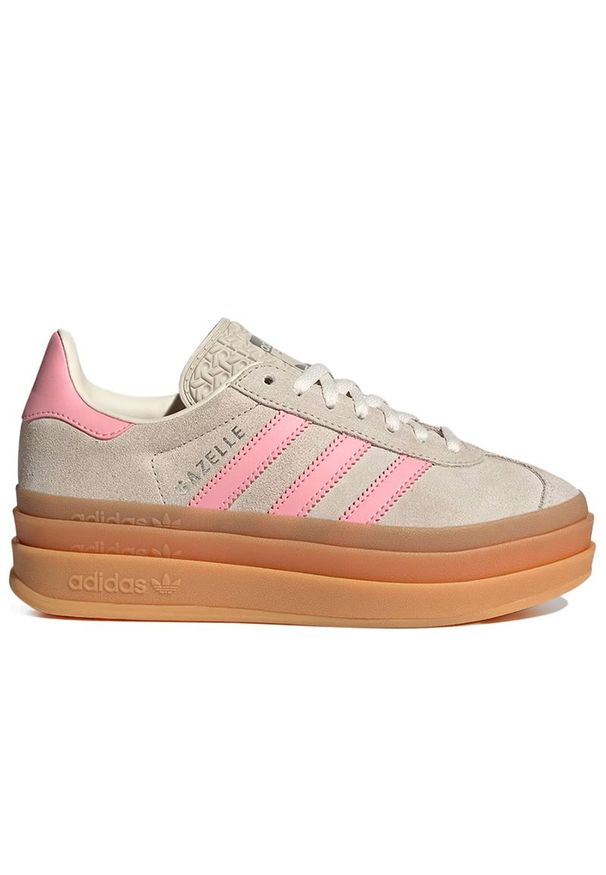 Adidas - Buty młodzieżowe adidas Originals Gazelle Bold J JQ7409 - beżowe. Okazja: na co dzień. Zapięcie: pasek. Kolor: beżowy. Materiał: syntetyk, skóra, guma, zamsz. Szerokość cholewki: normalna. Wzór: paski, aplikacja. Obcas: na platformie. Model: Adidas Gazelle