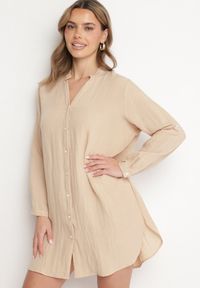 Born2be - Beżowa Sukienka Oversize z Bawełny o Prostym Kroju Koszulowym Elanistra. Okazja: na co dzień. Kolor: beżowy. Materiał: bawełna. Typ sukienki: proste, oversize, koszulowe. Styl: casual, elegancki #1