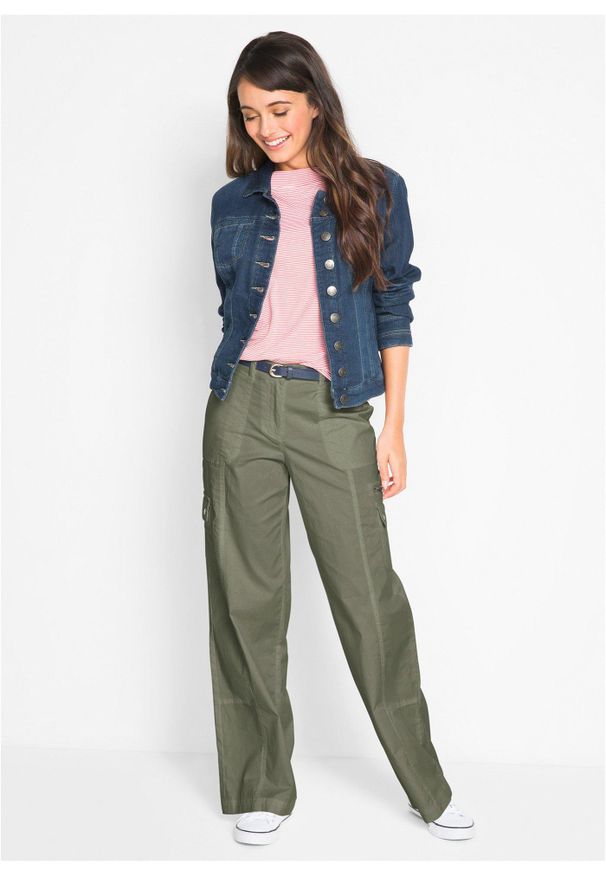 bonprix - Spodnie bojówki z bawełny, średni stan. Kolor: zielony. Materiał: bawełna