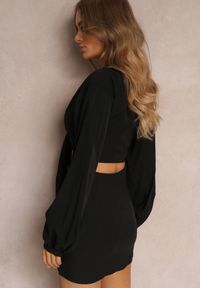 Renee - Czarny 2-częściowy Komplet Casual z Bluzką i Spódnicą Mini Udekorowanych Wiązaniem Beasia. Kolor: czarny #5