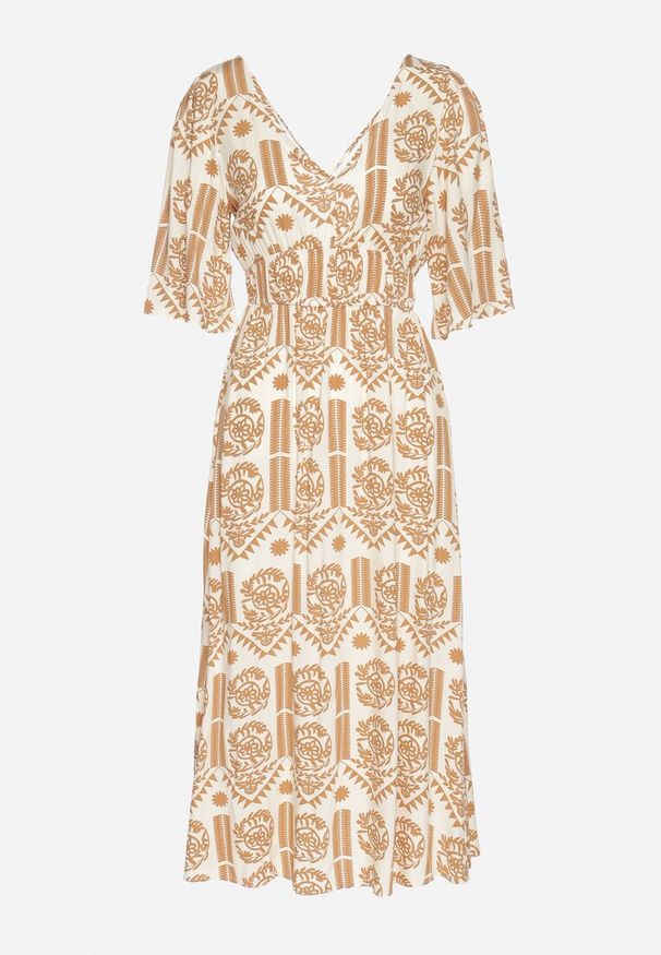 Born2be - Ciemnobeżowa Sukienka Wiskozowa Rozkloszowana z Odkrytymi Plecami w Print Boho Turaisa. Okazja: na co dzień. Typ kołnierza: dekolt w kształcie V. Kolor: beżowy. Materiał: wiskoza. Długość rękawa: długi rękaw. Wzór: nadruk. Typ sukienki: proste, rozkloszowane. Styl: boho