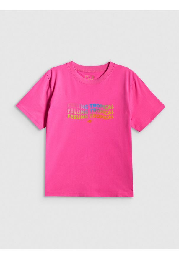 4f - 4F T-shirt boxy z nadrukiem damski - różowy S. Okazja: na co dzień. Kolor: różowy. Materiał: dzianina, bawełna, materiał. Wzór: nadruk. Styl: casual