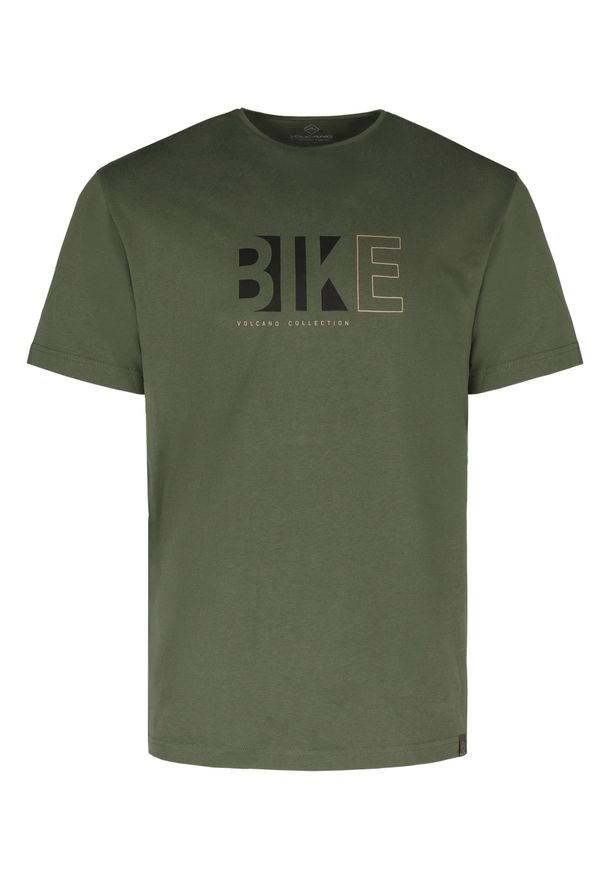 Volcano - T-shirt męski khaki, Comfort Fit, T-EKIB. Okazja: na co dzień. Kolor: brązowy. Materiał: materiał, bawełna. Długość rękawa: krótki rękaw. Długość: krótkie. Wzór: nadruk. Styl: klasyczny, casual