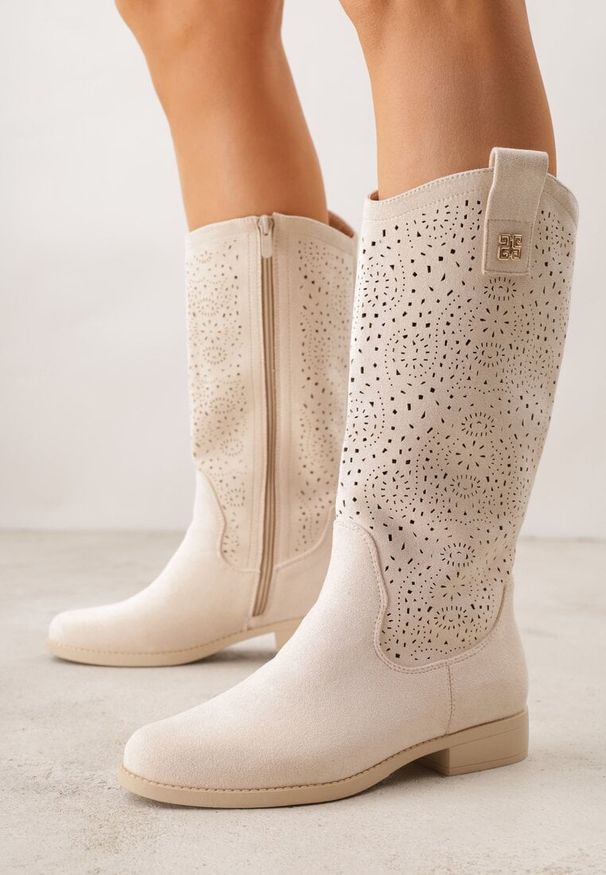 Born2be - Beżowe Botki Ażurowe Ozdobione Metaliczną Aplikacją Iomosa. Okazja: na co dzień, do pracy. Kolor: beżowy. Materiał: prążkowany, skóra. Wzór: ażurowy, aplikacja. Styl: casual, elegancki
