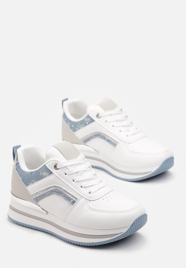 Born2be - Biało-Niebieskie Sznurowane Sneakersy na Płaskiej Podeszwie Zdobione Brokatem Gerine. Kolor: biały. Materiał: materiał. Wzór: aplikacja. Obcas: na płaskiej podeszwie
