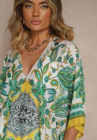 Renee - Żółte Ponczo Narzutka z Wiskozy i Jedwabiu w Stylu Boho Acera. Okazja: na plażę. Typ kołnierza: dekolt w serek. Kolor: żółty. Materiał: wiskoza, jedwab. Wzór: aplikacja, gładki. Styl: boho #3