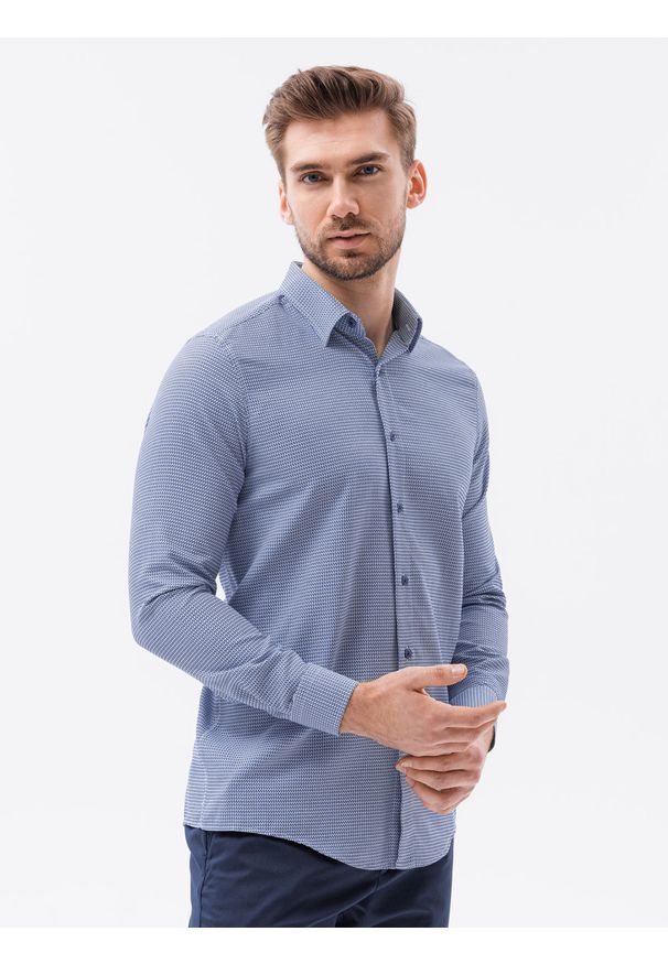 Ombre Clothing - Żakardowa koszula męska z drobnym wzorem REGULAR FIT - granatowa V2 K623 - XL. Okazja: na spotkanie biznesowe, do pracy, na co dzień. Kolor: niebieski. Materiał: żakard. Długość rękawa: długi rękaw. Długość: długie. Styl: biznesowy, klasyczny, casual