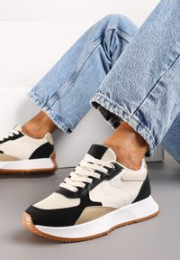 Renee - Czarno-Beżowe Sneakersy z Siateczkową Wstawką na Nosku Hlimeltia. Kolor: czarny. Materiał: jeans, dresówka #3