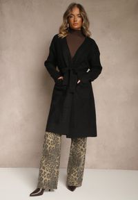 Renee - Czarny Tłoczony Kardigan z Wełną o Kroju Bez Zapięć z Paskiem Dorrive. Okazja: na co dzień. Kolor: czarny. Materiał: wełna. Styl: casual, elegancki