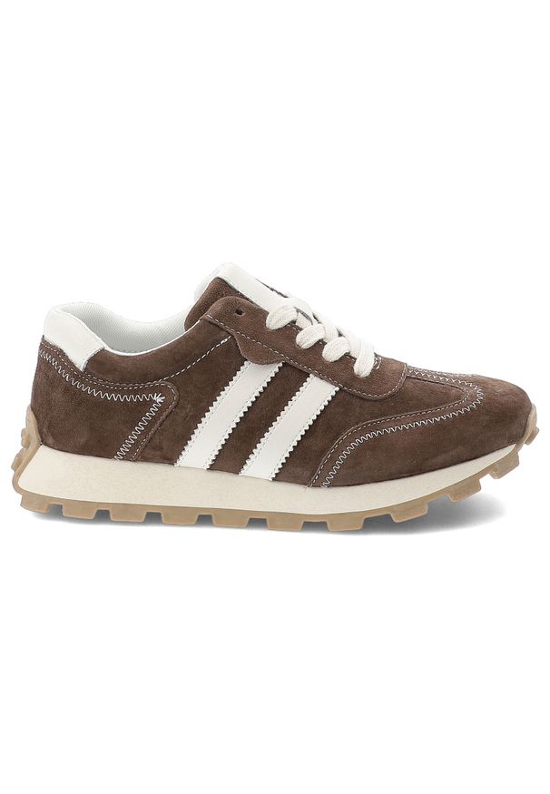 Sneakersy damskie S.Barski, sportowy fason sznurowanie stabilna podeszwa dobra przyczepność wygodna konstrukcja miękkie wnętrze, brązowe, LR61-7097. Okazja: na co dzień. Zapięcie: sznurówki. Kolor: brązowy. Materiał: zamsz, jeans. Szerokość cholewki: normalna