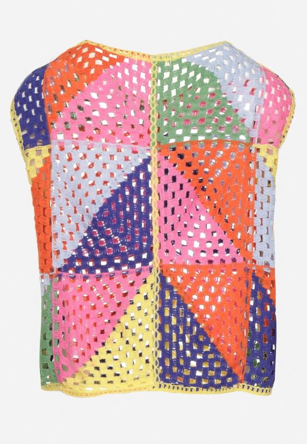 Born2be - Różowo-Żółta Bawełniana Ażurowa Bluzka z Geometrycznym Motywem Tiloma. Okazja: na co dzień. Kolor: różowy. Materiał: bawełna. Wzór: geometria, ażurowy. Styl: casual, elegancki