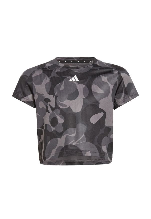 Adidas - Koszulka Essentials AEROREADY Seasonal Print Crop Kids. Kolor: czarny, szary, wielokolorowy. Materiał: materiał. Wzór: nadruk. Sport: joga i pilates