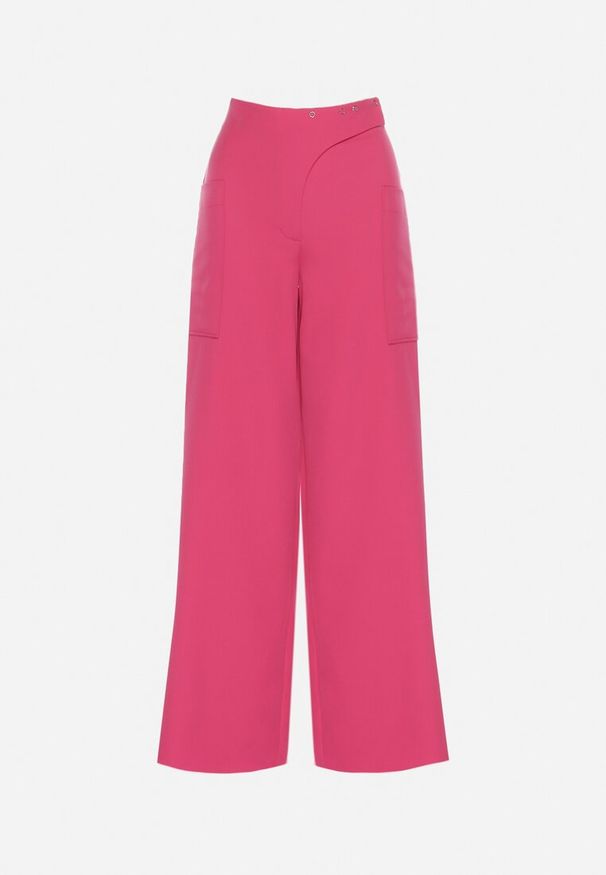 Born2be - Fuksjowe Szerokie Spodnie z Wysokim Stanem z Guzikami i Suwakiem Nestaviana. Stan: podwyższony. Kolor: różowy. Długość: długie. Wzór: aplikacja. Styl: elegancki