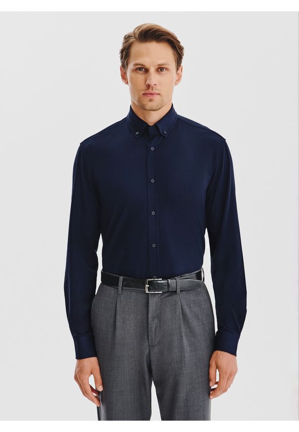 Pako Lorente - PAKO LORENTE – Granatowa koszula z bawełną. Kolor: niebieski. Materiał: bawełna. Długość rękawa: długi rękaw. Długość: długie