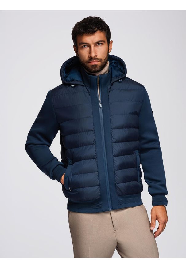 Ombre Clothing - Pikowana kurtka bomberka z kapturem i dzianinowymi rękawami – granatowa V2 - Rozmiar: L. Typ kołnierza: kaptur. Kolor: niebieski. Materiał: dzianina. Wzór: aplikacja, nadruk. Styl: klasyczny